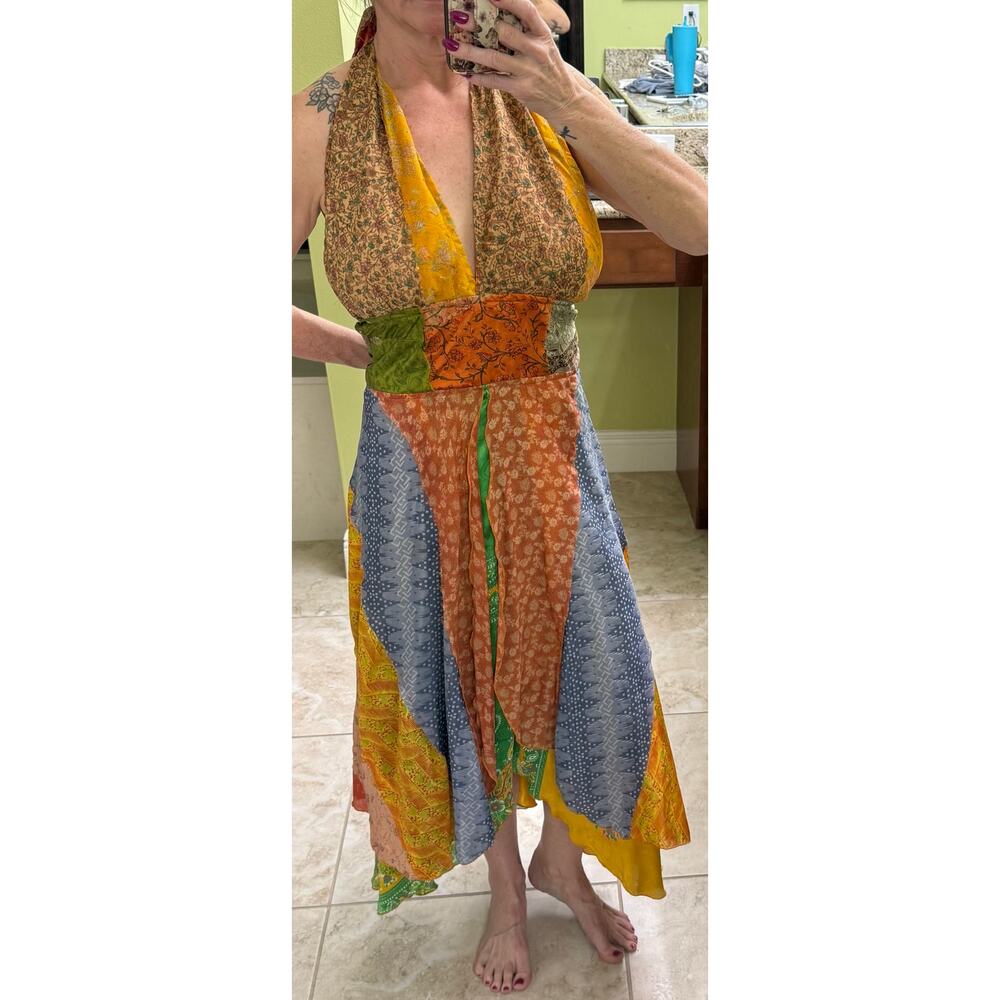 Sari 100% silk patchwork halter dress Medium large vintage backless maxi dress